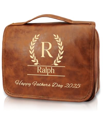 Large Personalized Toiletry Bag, Gifts for Men Custom Engraved Leather Travel Bag, Engraved Name Waterproof Travel Kit & Gifts for Him Husband Father (Father's Day, Christmas)