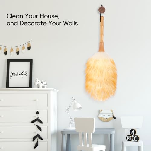 Feather Duster, Lambswool Duster for Cleaning,with Solid Wooden Handle,Leather Hang Strap,Anti-Static 14.9 inch Washable Reusable Small Hand Duster(Natural) for Office, Home and Car - view 6