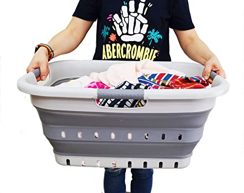 41L Collapsible 3 Handled Plastic Laundry Basket - Foldable Pop Up Storage Container/Organizer - Portable Basket - Space Saving Hamper/Basket (3 handled rectangular, Grey/Dark Grey) - view 5