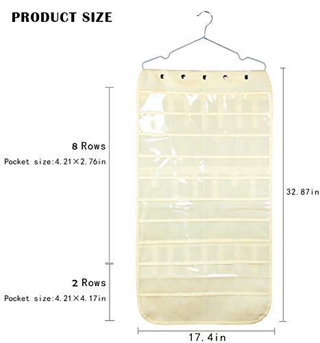 Hanging Jewelry Organizer Double Sided 40 Pockets & 20 Magic Tape Hook Storage Bag Closet Storage for Earrings Necklace Bracelet Ring Display Pouch (Beige) - view 6