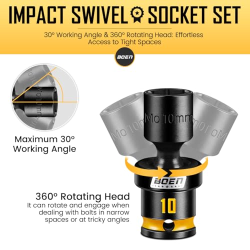 12-Piece 1/4" Drive Metric Impact Swivel Socket Set (5-15mm), 6-Point Shallow Wobble Sockets, Cr-Mo Steel, Includes Storage Rail - view 3