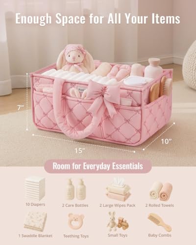 Baby Diaper Caddy Organizer, Nursery Basket, Bow Light Pink - view 4