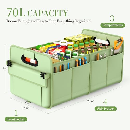 Trunk Organizer For Suv & Sedan,Car Organizers and Storage, Waterproof Collapsible & Adjustable Straps,70L Sturdy Car Organization for Car Accessories, Tools,Sundries,2-3Compartment（Green - view 3