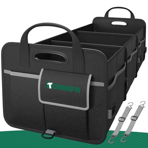 Heavy-Duty Trunk Organizer & Multi-Compartment Storage Box for SUV/Sedan/Minivan,600D Waterproof Oxford,2 Securing Hooks & Reflective Strips-Large Capacity Organiser(92L)