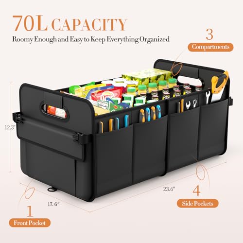 Trunk Organizer For Suv & Sedan,Car Organizers and Storage, Waterproof Collapsible & Adjustable Straps,70L Sturdy Car Organization for Car Accessories, Tools,Sundries,2-3 Compartment（Black - view 3