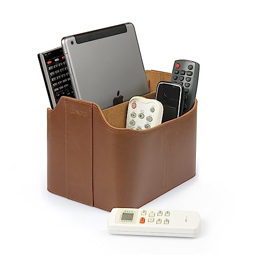 PU Vegan Leather Desk Organizer Cube with Tablet Slot, Nightstand Caddy & Couch Organizer — 4 Remote Pockets + iPad/Kindle Slot, Makeup Brush Holder, Suede Lined, 8 x 6.1 x 6.1 in, Light Brown - view 2