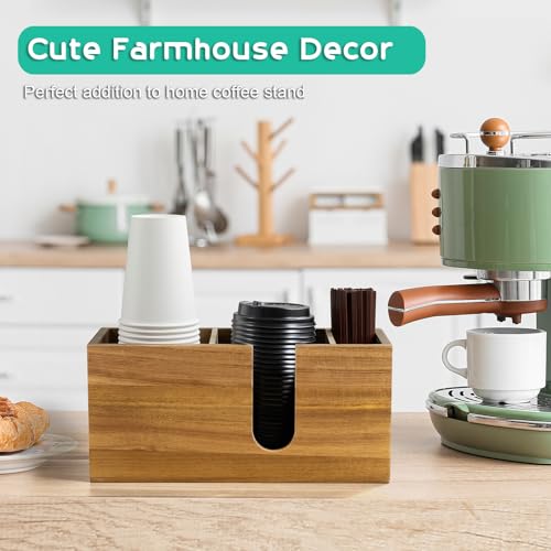 Large Acacia Wood Coffee Cup Organizer for Disposable Cups, Lids and Stir Sticks - 3-Compartment Countertop Cup Holder Storage Rack for Coffee Station, Kitchen, Office - view 2