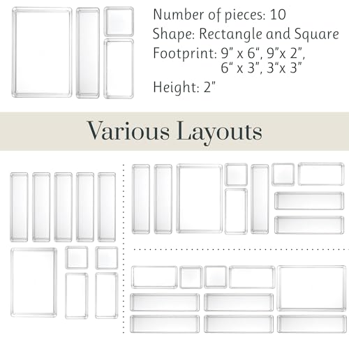 SimpleSort 10-Piece Stackable Clear Drawer Organizer Set | Multi-size Trays | Makeup Vanity Storage Bins and Office Desk Drawer Dividers | Made in USA - view 5