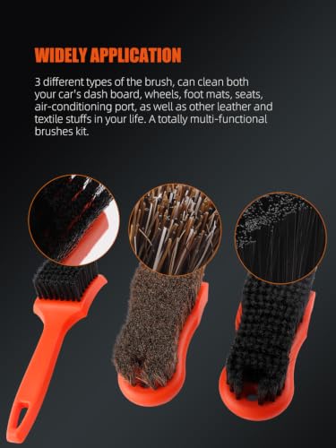 3Pcs Car Detailing Brush Kit, Leather & Textile Interior Brush, Comfortable Grip and Scratch-Free Cleaning for Dashboard, Wheels, Seats, Foot Mats and Small Areas, Black - view 4
