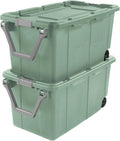 Storage Bin 40 Gallon 160 Qt Wheeled Industrial Tote Plastic Rolling Stacker Storage Box, Tough Lidded Stackable Storage Container for Home, Garage, and Camping Green Sage Base and Lid 2 PACK