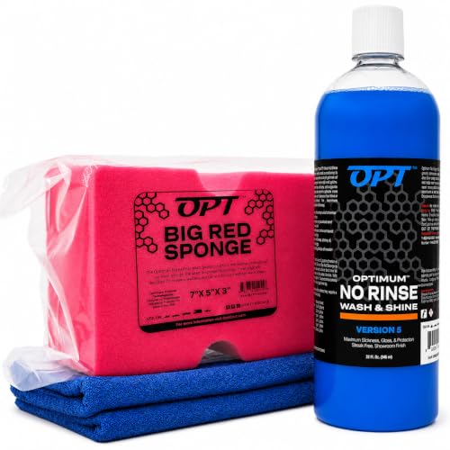 Optimum No Rinse Version 5 (32 Oz), Microfiber Drying Towel, and Big Red Sponge (BRS) Car Cleaning Kit, ONR Rinseless Car Wash, Drying Towel, and Wash Sponge for Washing and Auto Detailing