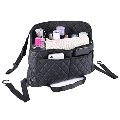 Modern Minimalist Car Seat Storage Bag - Black Faux Leather Caddy - Automotive Seat Back Organizer - 2 Compartments - Rectangular - Durable - Seat-back mounted - 15.35 x 3.94 x 10.63 inches