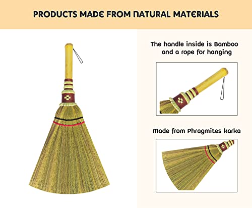 Handmade,Natural Grass Asian, Whisk Broom Thai, Handle Bamboo, Soft Brush Mini with Solid Wood Handle Retro Nature No Static Electricity Sweeping 13in - view 4