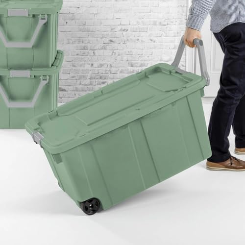 Storage Bin 40 Gallon 160 Qt Wheeled Industrial Tote Plastic Rolling Stacker Storage Box, Tough Lidded Stackable Storage Container for Home, Garage, and Camping Green Sage Base and Lid 2 PACK - view 7