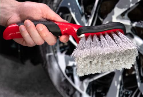 Car Wash Brush, Wheel and Fender Brush, Short Handle Tire Cleaner for Car Detailing, 10 Inch, Red/Black - view 3