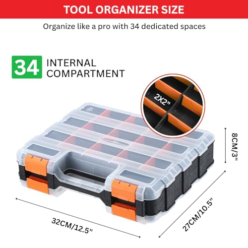 Andalus Tools Organizer Box, Small Parts Storage 34-Compartment Double-Sided Portable Hardware Organizer Removable Plastic Dividers for Screws, Nuts, Bolts, Nails – Orange (1 Pack, 12.5" x 10.5" x 3") - view 3