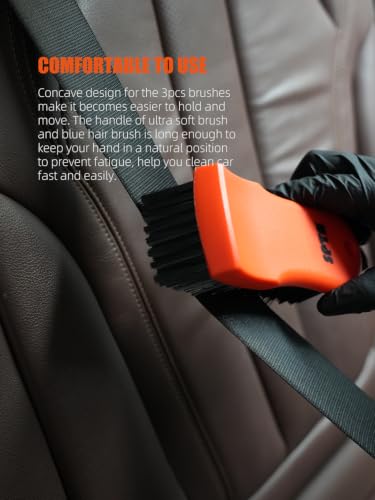 3Pcs Car Detailing Brush Kit, Leather & Textile Interior Brush, Comfortable Grip and Scratch-Free Cleaning for Dashboard, Wheels, Seats, Foot Mats and Small Areas, Black - view 3