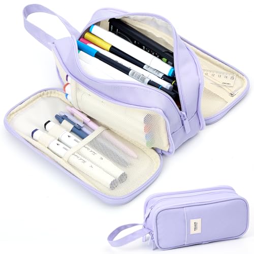 Pencil Case Pouch, Large Capacity Pencil Box Bag, Aesthetic Pen Organizer for School Supplies, Cute Preppy Stuff for Girls Boys Kids, Back to College Stationery, Purple