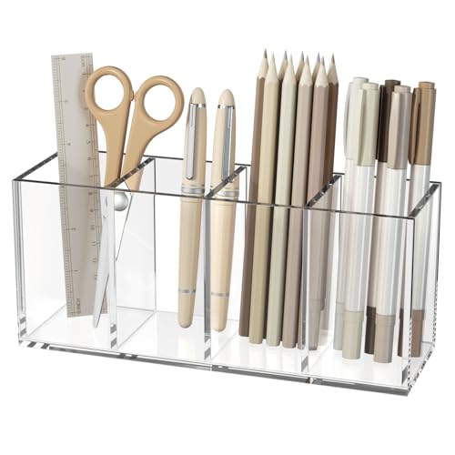 Acrylic Pen Holder 4 Compartments, Clear Desk Pencil Organizer Cup