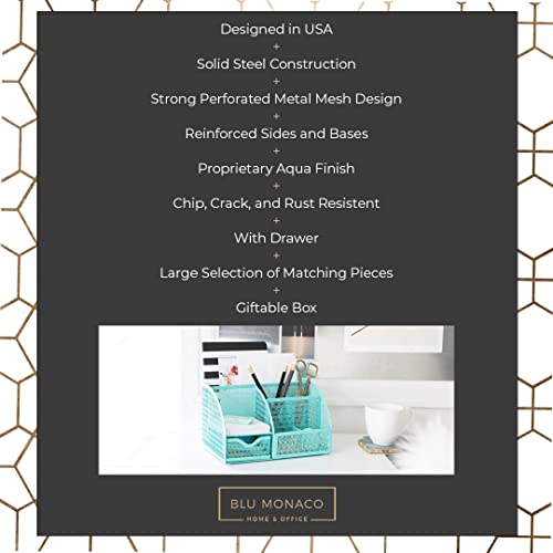 Aqua Desk Organizer | Metal Turquoise Stationery Holder With Drawer and Compartments | Desktop Storage for School, Bedroom, Locker and Home | 5.5”D x 8.6”W x 5”H Accessory Caddy - view 3