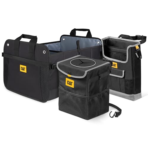 3-Piece Car Organizer Bundle – Collapsible Trunk Organizer, Portable Seat Caddy with Adjustable Straps & 2.4 Gallon Leak-Proof Trash Can Cooler for Cars, Trucks, and SUVs Black
