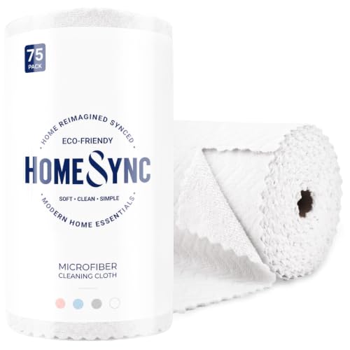 Microfiber Cleaning Cloth Roll 75 Packs, Reusable Tear Away Kitchen Towels, 12"x12", Washable, Scratch Free, Ultra Absorbent Dish Rags for Kitchen, Car, Home, Garage or Shop, White