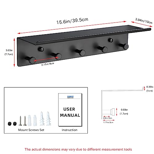 Bathroom Towel Rack Wall Mounted, Rustproof Aluminium Shelf with 5 Bath Robe Hook, Decor Display Storage, Hot Tub Accessories, Hanging Hanger for Hat, Key, Bag Holder, Bathtub - view 3