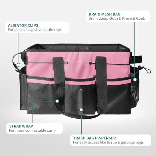Cleaning Bags for Housekeepers, Large Cleaning Supplies Organizer with Handles & Shoulder Strap, Cleaning Caddy Bag with Foldable Divider for Cleaners, Car Horse Cleaning Bag(Pink) - view 4