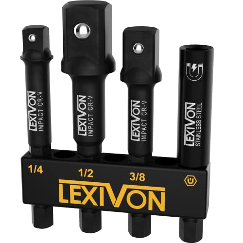 Impact Socket Adapter & Magnetic Bit Holder Set | 4 Pieces of 1/4-Inch Hex Shank Extension to 1/4", 3/8", and 1/2" Drive | Includes Organizer Rack (LX-104)