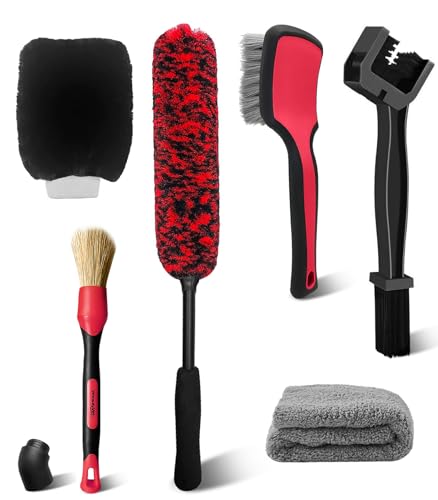 6PCS Motorcycle Cleaning Kit, Bendable Wheel Tire Brush,Black/Red