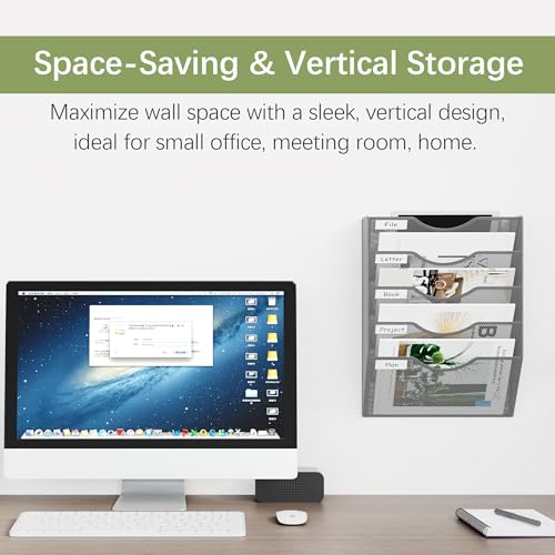 Wall File Organizer 5 Tier Hanging Paper Folder Holder, Zero Assembly Metal Mesh Wall Mounted Mail Organizer for Office Home Classroom Narrow Spaces, Silver - view 2