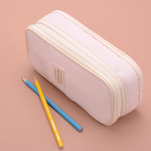 Large Capacity Canvas Pencil Case Organizer Holder Pouch Bag with Zipper Compartments, Pen Cases for Women Girls School Adults (Pink) - view 4