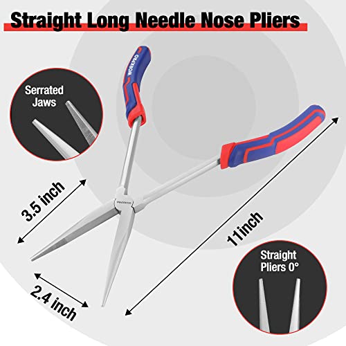3PC Long Reach Plier Set, 11" Straight, 90° & 45° Bent Nose Pliers - view 2
