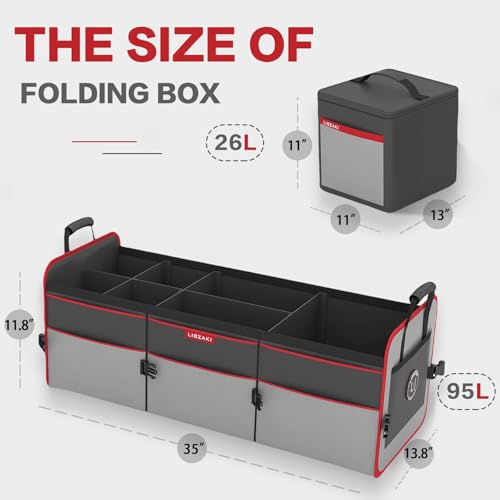 LIBZAKI Car Trunk Organizer,3 Compartments Big Trunk Storage, Large Capacity, Foldable, 95L Heavy Duty Storage Box for Car, SUV, Truck,Jeep, Includes 26L Cooler Bag-Gray&Black - view 2