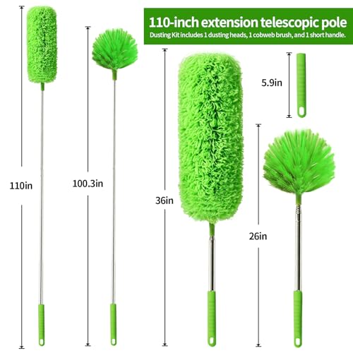 Cobweb Duster with Extension Pole,Washable Cleaning Duster Set with 2 Duster Heads,Corner Brush,15-110-Inch Telescoping Pole for high Ceiling Fans, Long Duster for High Ceilings,Spider Web Brush - view 2