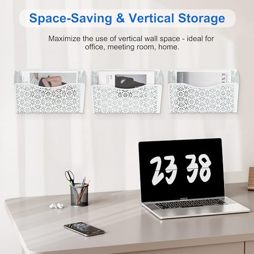 3 Pack Hollow Design Wall-Mounted File Organizer - Heavy Duty Metal, Vertical Space Saving, Letter Size Single Pocket Holder for Office, Home, School, White - view 2