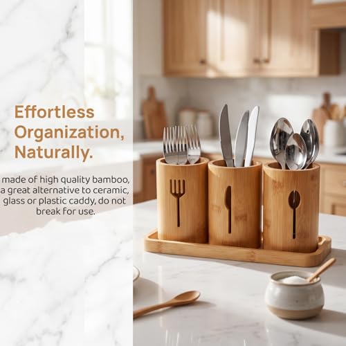 Silverware Holder, Bamboo Utensil Organizer with Tray, Kitchen Cutlery Flatware Holder Organizer for Spoons, Knives and Forks, Ideal for Kitchen and Restaurant - view 5