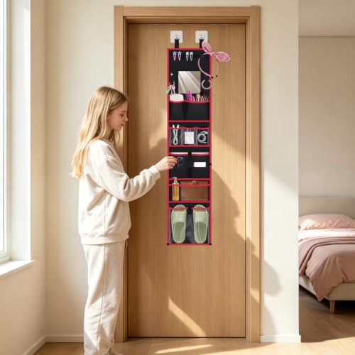 Hanging Locker Organizer with Mirror School Locker, Black and Red - view 5