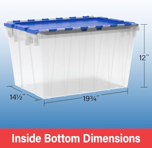 KeepBox 12 Gal Storage Box, Lid Attached, Stackable, Clear/Blue - view 6