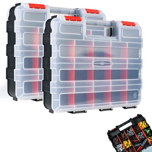 Tool Box, Double Side Tool Box Organizer with 34 Compartments, Removable Dividers, Tackle Box Small Parts Screw Hardware Organizer for Screws, Nuts, Nails and Bolts (2 Piece, Red)