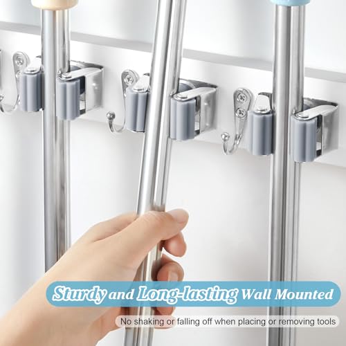 White Broom Holder Wall Mount - Heavy Duty Wood Mop and Broom Organizer with 3 Slots & 4 Hooks - Garden Tool Hanger for Laundry Room Closet Kitchen Garage Storage and Organization - Modern Home Decor - view 3