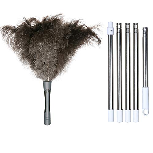 Gray Ostrich Feather Duster with 71 Inch Extendable Pole, Microfiber Duster for Home Cleaning
