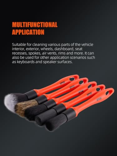 Car Detailing Brush Set, 5 Pack Soft Mixed Hair Auto Detail Brush Kit No Scratch for Automotive Elegant Surface Interior Exterior Dashboard Emblems Panels Engine Bay Wheels Air Vent Seat Leather - view 5