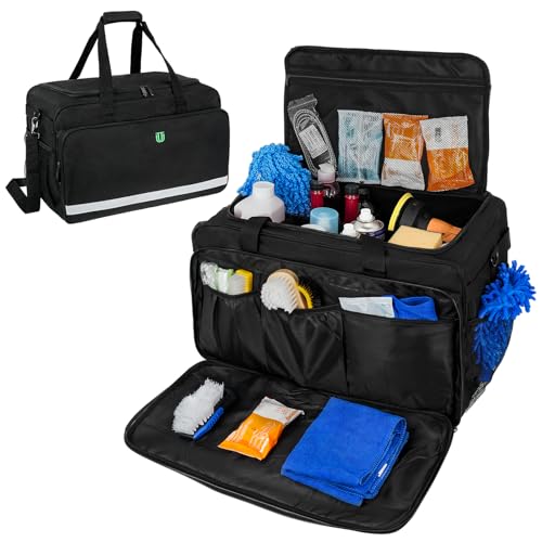 Large Car Detailing Bag, Cleaning Caddy with Lid and Handle for Auto Detailing Supplies, Car Cleaning Storage Trunk Organizer for Polisher and Vehicle Wash Tools, Black