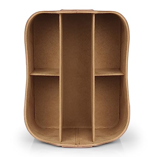 PU Vegan Leather Desk Organizer Cube with Tablet Slot, Nightstand Caddy & Couch Organizer — 4 Remote Pockets + iPad/Kindle Slot, Makeup Brush Holder, Suede Lined, 8 x 6.1 x 6.1 in, Light Brown - view 6