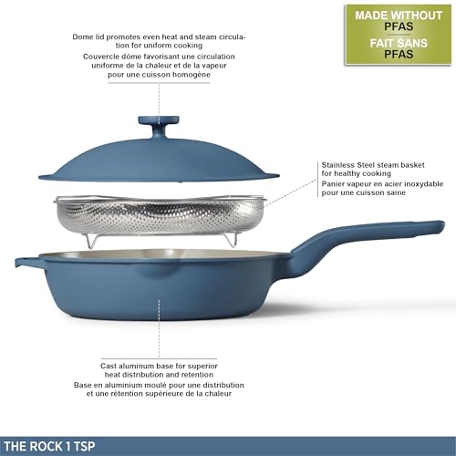 The Rock 1tsp All-in-One 11" (28cm) Deep Ceramic Fry Pan with Lid and Steam Basket, Cast Aluminum Base, PFAS-Free, Induction Ready, Easy to Clean, Blue - view 4