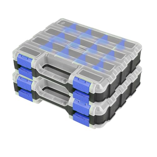 Small Parts Organizer Box Storage Case Tools Box Organizer Double Side 34 Compartments Hardware Organizers with Removable Plastic Dividers for Screws Nuts Nails Bolts, 2 Pack