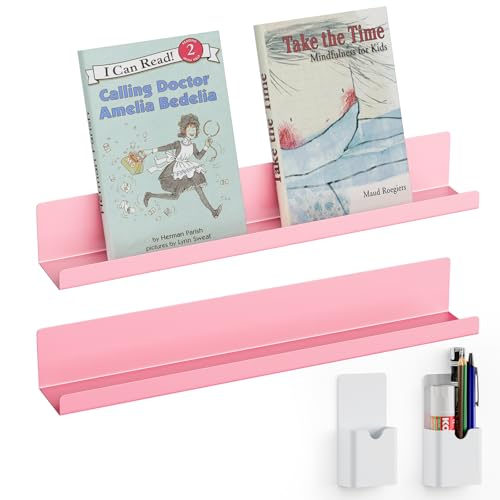 2-Pack Metal Magnetic Book Shelf: Modern Industrial Style, 2 Shelves with 2 Pen Holders, 10 lbs Capacity, Magnetic Shelf for Whiteboard, Classroom & Office Book File Display Rack (Pink)