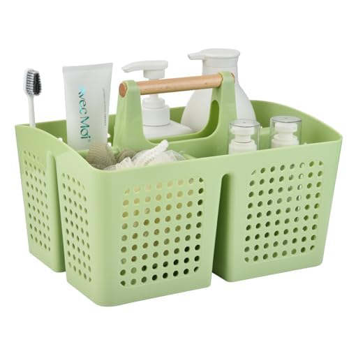 Portable Shower Caddy Basket with 3 Compartments and Handle, Grass Green