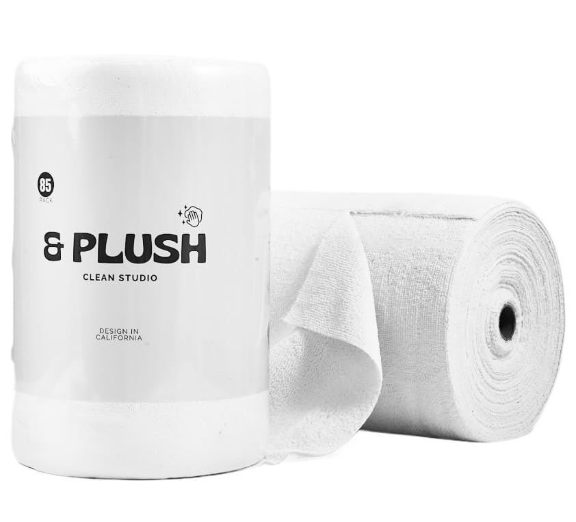 & PLUSH Microfiber Cleaning Cloth Roll - 85 Pack, Tear Away Microfiber Towels, 12" x 12", Reusable, Washable, Streak Free, Ultra Absorbent Dish Rags for Car, Home, Garage or Shop (White)